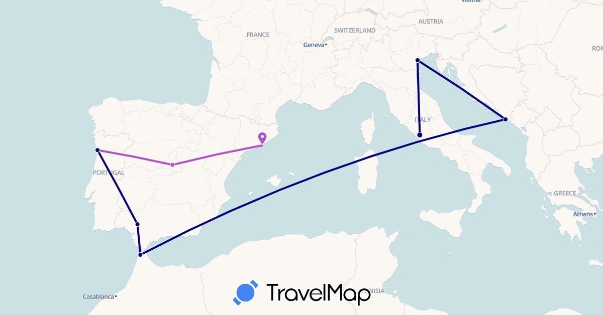 TravelMap itinerary: driving, train in Spain, Croatia, Italy, Morocco, Portugal (Africa, Europe)